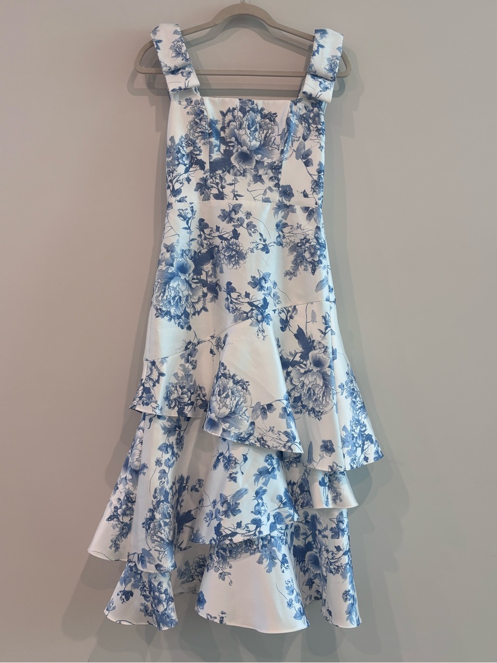 Dessy Collection Blue Floral Satin Tiered Midi Dress with Bow Straps